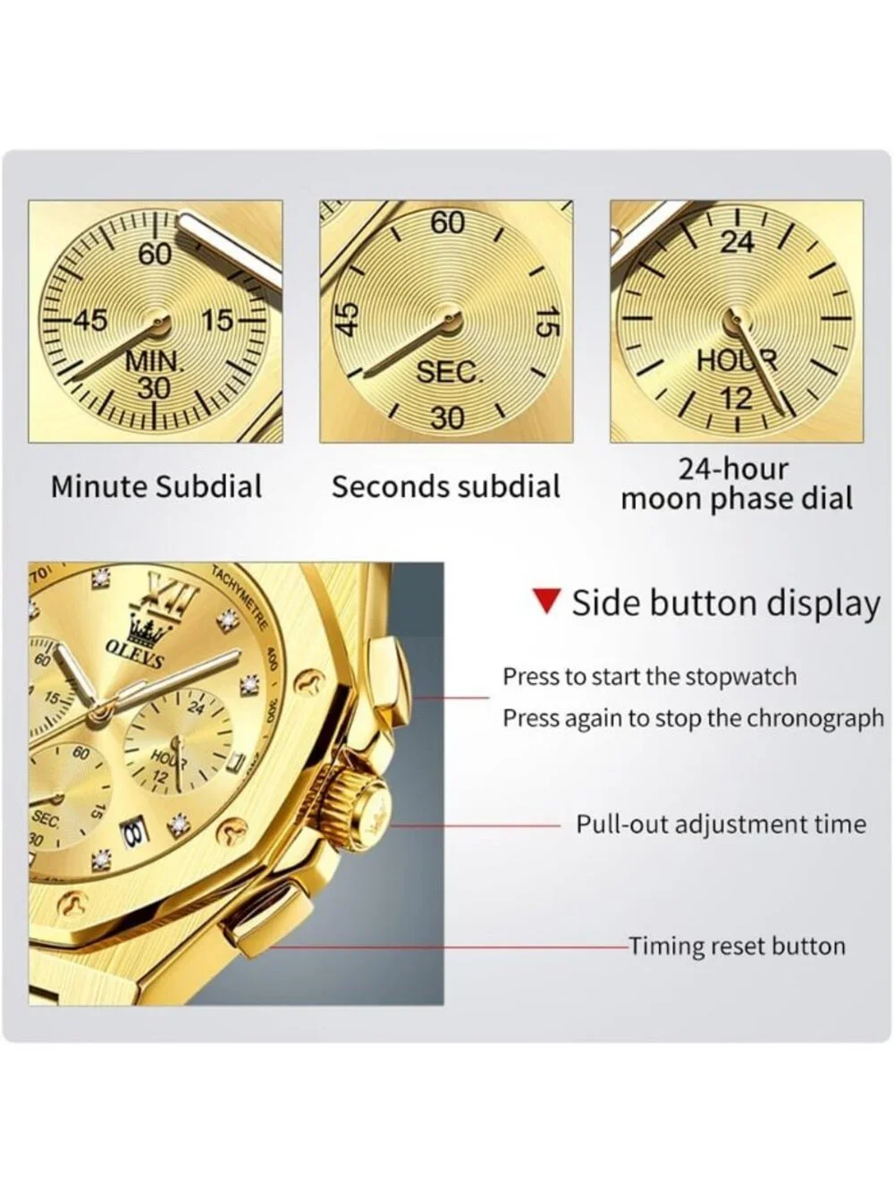 Men's Gold Luxury Stainless Octagon Analog Quartz Chronograph Waterproof Watch
